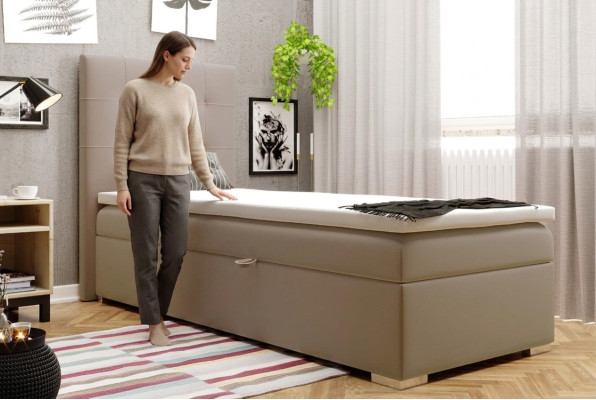 Cama box spring de lujo con función de almacenamiento de hotel tapizada, tamaño 90x200cm.