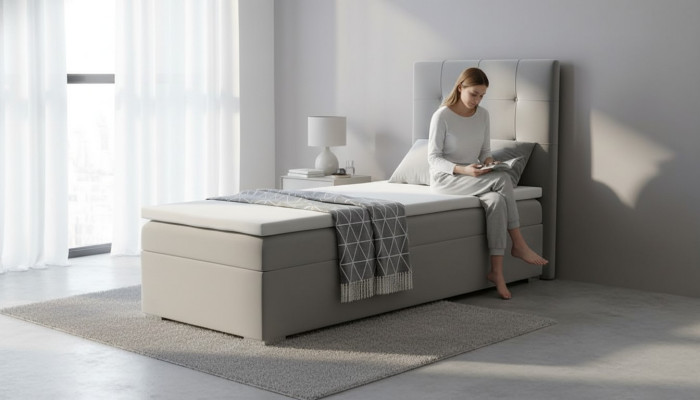 Cama de lujo con somier de resortes, cama de hotel, función de tapizado, cajón de almacenamiento 90x200cm gris nuevo.