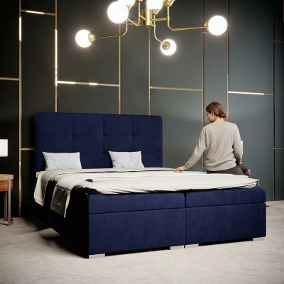 Cama Boxspring azul de hotel doble de lujo con función de caja de almacenamiento acolchada, nuevo.
