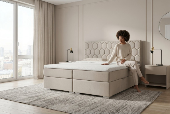 Cama Boxspring de hotel de lujo con funciones de caja tapizada beige doble 180x200.
