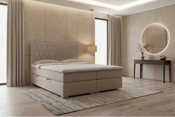 Cama Boxspring de hotel de lujo con funciones de caja tapizada beige doble 180x200.