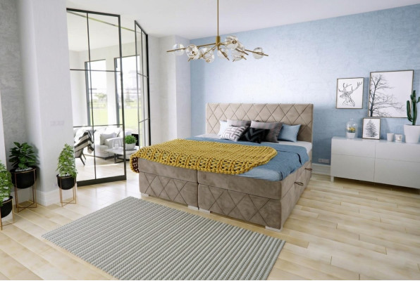 Juego completo de cama boxspring con colchón doble, topper y funciones de camas de hotel.
