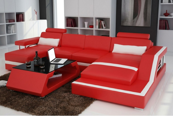 Sofá de esquina de diseñador, sofá en forma de L, gran sofá moderno de cuero con USB.