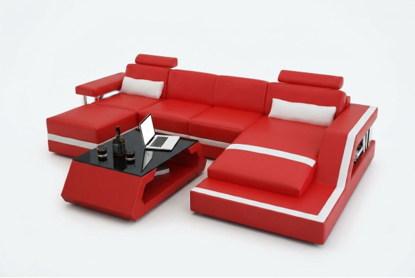 Sofá de esquina de diseñador, sofá en forma de L, gran sofá moderno de cuero con USB.