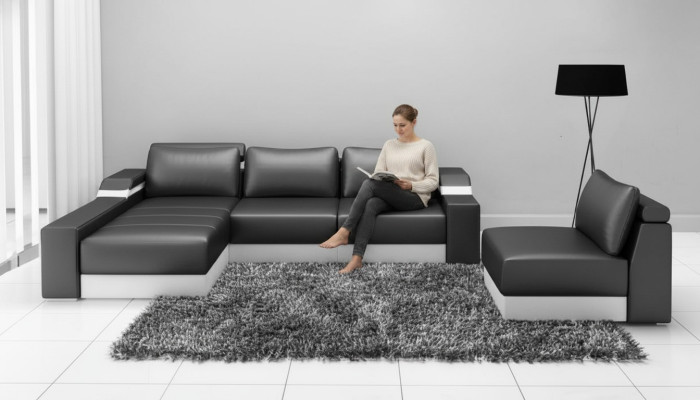Sofá de esquina con USB, tapizado de cuero, conjunto de muebles, chaise longue.
