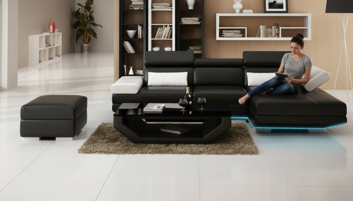 Sofá de cuero en forma de L + USB. Sofá de esquina con estilo moderno y diseño K5009D.