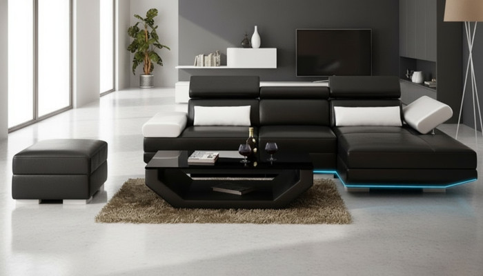 Sofá de cuero en forma de L + USB. Sofá de esquina con estilo moderno y diseño K5009D.