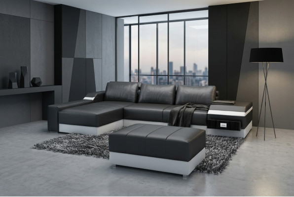 Sofá de esquina + USB Esquina Sofá Sofá Tapizado de cuero Conjunto de muebles de salón Chaiselounge
