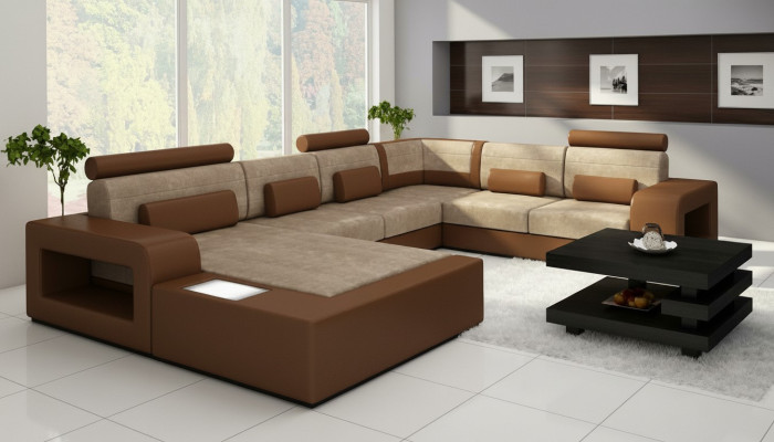 Sofá modular con USB, conjunto de sofás de tela textil y cuero con iluminación.