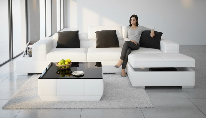 Sofá de cuero, sofá con USB, conjunto de salón sofá esquinero, conjunto de esquina moderno de diseño K5006D.