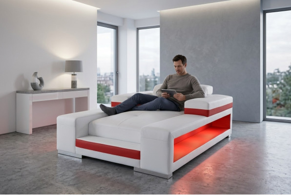 Moderna cama de cuero de confort con sillón reclinable reclinable, chaise longue con USB.