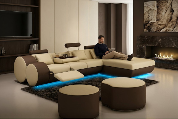 Sofá de esquina de cuero de diseñador Salón de cuero + conjunto de muebles de cuero con USB Madrid