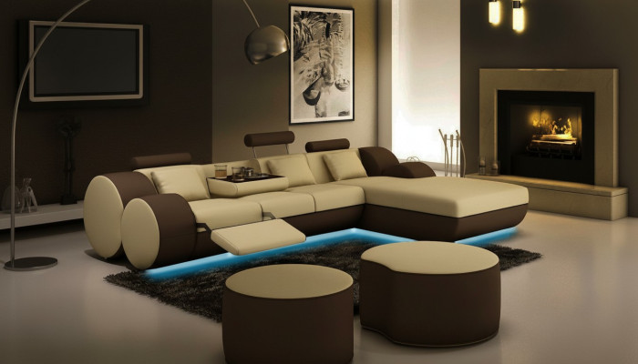 Sofá de esquina de cuero de diseñador Salón de cuero + conjunto de muebles de cuero con USB Madrid