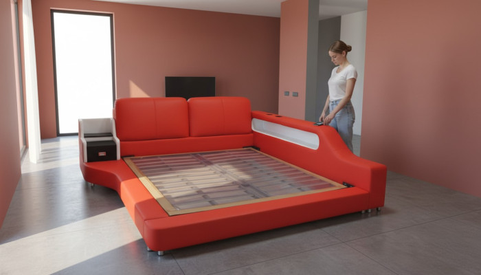 Doble diseño de lujo cama tapizada de cuero con USB Hotel multifunción