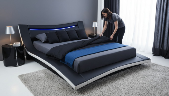 Lujo Diseño Cuero Doble Cama de Hotel con USB Marco de Cama Acolchado Nuevo