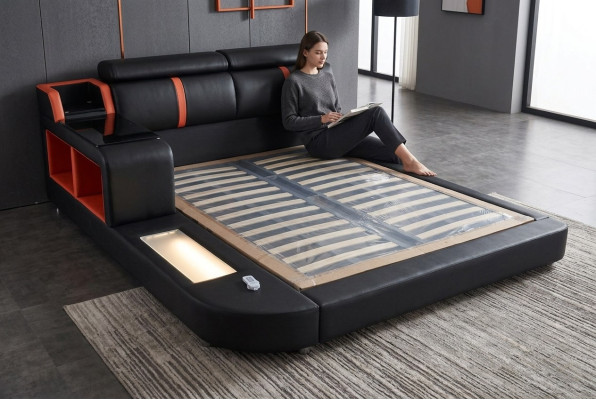 Diseño de lujo cama acolchada matrimonial con puertos USB de cuero 140/160/180/200