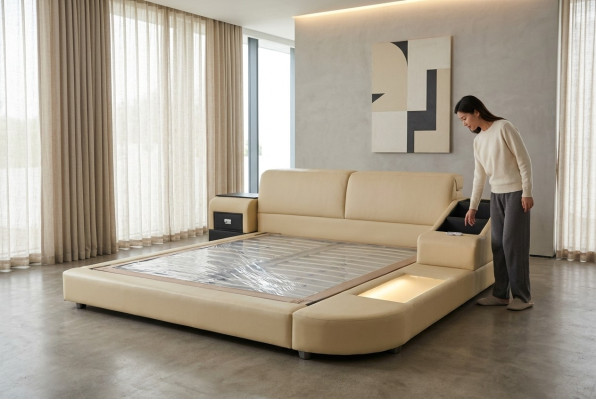 Exclusiva cama doble multifuncional para hotel matrimonial de cuero tapizado + USB de lujo nuevo.