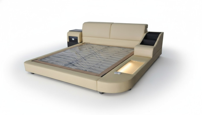 Exclusiva cama doble multifuncional para hotel matrimonial de cuero tapizado + USB de lujo nuevo.