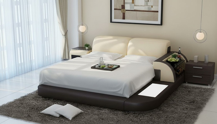 Diseño cama XXL camas de cuero de hotel tapizado 180x200 estante multifunción USB