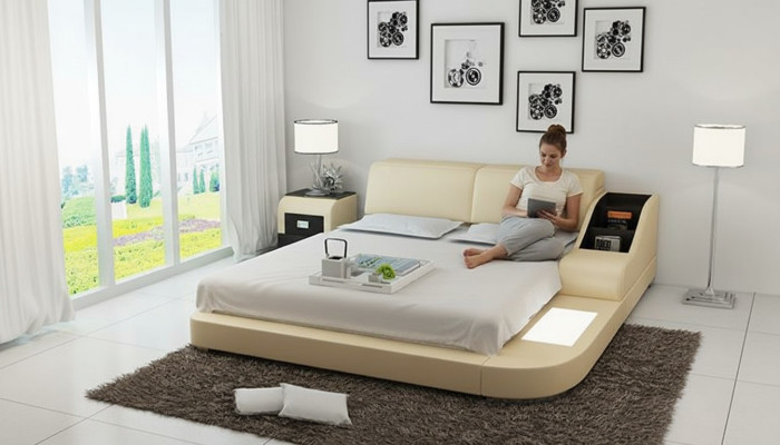 Diseño de cama XXL Big camas de cuero Hotel acolchado 160x200cm estante multifunción USB