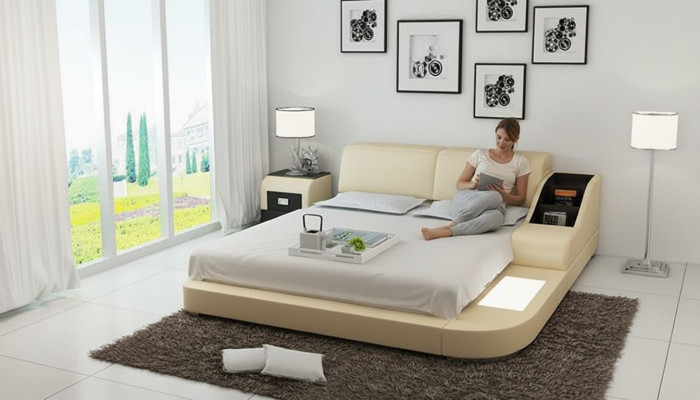 Diseño cama XXL Grande Camas Cuero tapizado Hotel 160x200cm Estante multifunción USB.