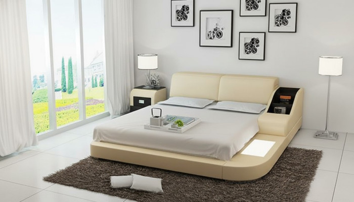 Diseño cama XXL Grande Camas Cuero tapizado Hotel 160x200cm Estante multifunción USB.