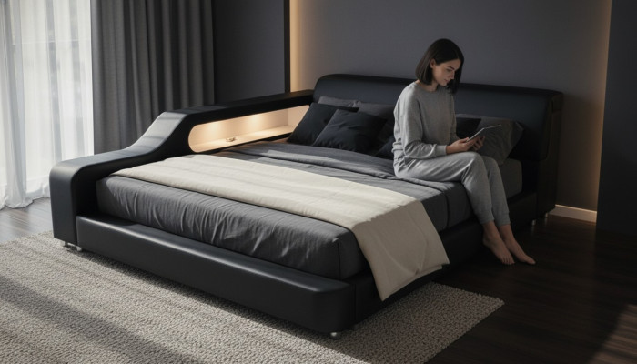 Diseño cama XXL camas grandes de cuero acolchado Hotel 200x200cm estante multifuncional USB