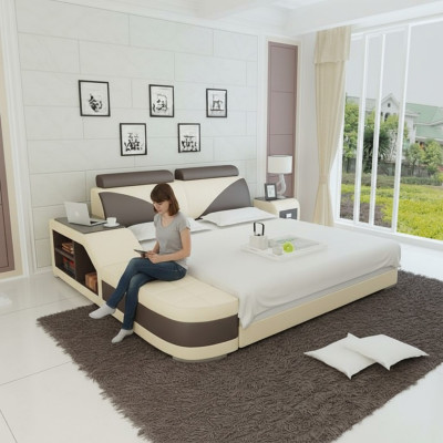Diseño de cama doble acolchada moderna para dormitorio con USB y estante de 140x200 cm.