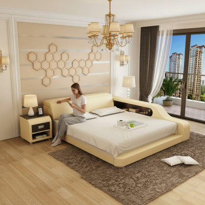 Diseño de cama doble acolchada moderna para dormitorio de 200x210 cm con USB y estante.