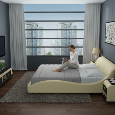 Diseño de cama doble acolchada moderna para dormitorio con USB y estante 200x210 cm.