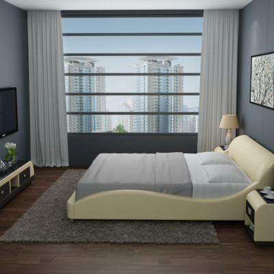 Diseño de cama doble acolchada moderna para dormitorio con USB y estante 200x210 cm.