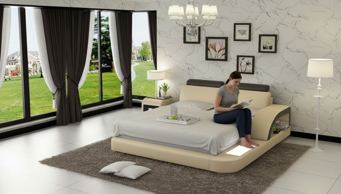 Diseño de cama doble acolchada moderna con USB y estante para dormitorio de 160x200cm