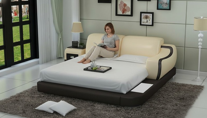 Diseño cama XXL Big Betten Hotel tapizado 200x200 estante multifunción USB cuero