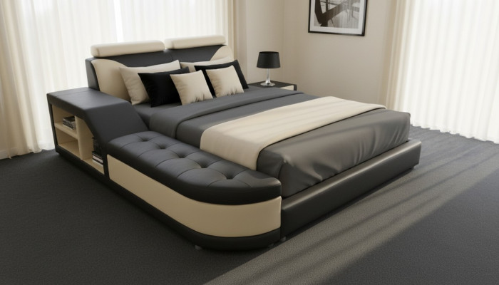 Diseño cama multifunción XXL grandes camas cuero hotel tapizado 180x200 estante USB