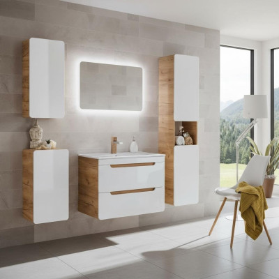 Diseño de muebles de baño, conjunto de baño, armario, lavabo, decoración, iluminación