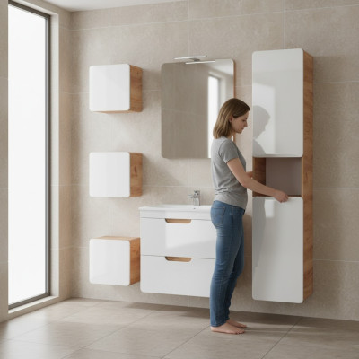 Diseño del grupo de muebles de baño de 6 piezas. Juego de armario, lavabo de madera.
