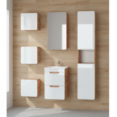 Diseño del grupo de muebles de baño de 6 piezas. Juego de armario, lavabo de madera.