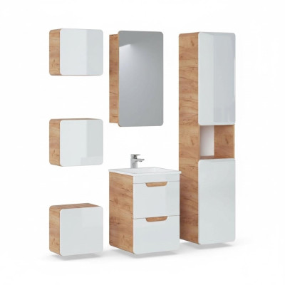 Diseño del grupo de muebles de baño de 6 piezas. Juego de armario, lavabo de madera.