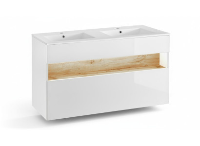 Doble lavabo con mueble de lavabo y lavabo.