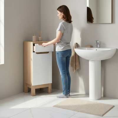 Mueble de baño blanco de alto brillo con estantes, patas y armario bajo