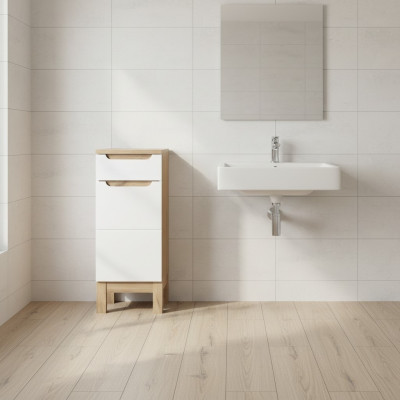 Mueble de baño blanco de alto brillo con estantes, patas y armario bajo