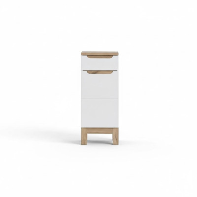 Mueble de baño blanco de alto brillo con estantes, patas y armario bajo