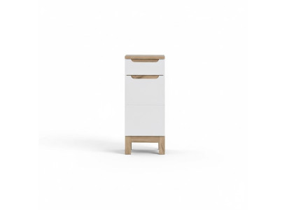 Mueble de baño blanco de alto brillo con estantes, patas y armario bajo