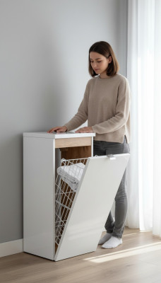 Mueble colgante de armario universal, mueble de baño decorativo con una cesta de ropa.