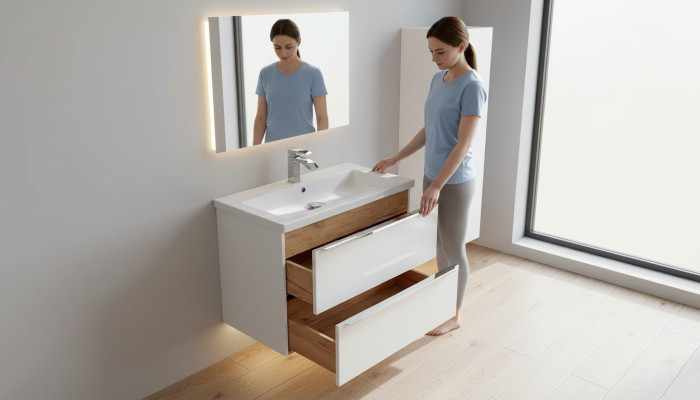 Mueble de baño conjunto de 80 cm Lavabo con armario bajolavabo, lavamanos, cajón y armario suspendido.