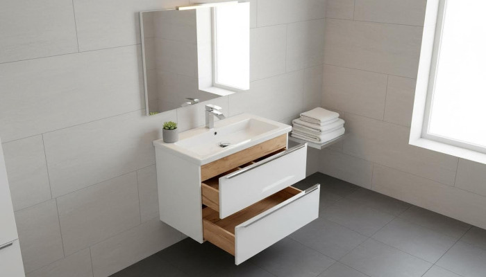 Mueble de baño conjunto de 80 cm Lavabo con armario bajolavabo, lavamanos, cajón y armario suspendido.