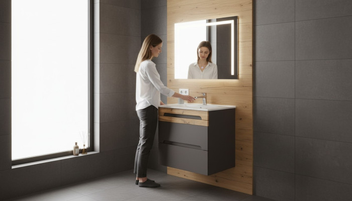 Mueble de baño de 60 cm con lavabo decorativo y armario de base. Lavabo moderno.
