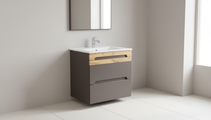Mueble de baño de 60 cm con lavabo decorativo y armario de base. Lavabo moderno.