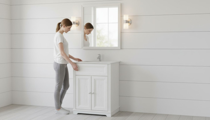 Mueble de baño de estilo antiguo con lavabo y armario inferior para baño rústico de 60cm.