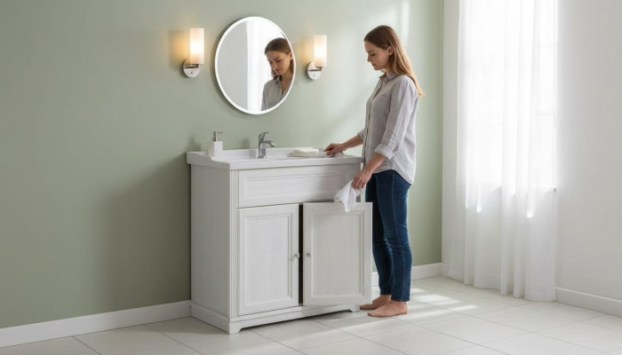 Mueble de baño de estilo antiguo con lavabo y armario inferior para baños rústicos.